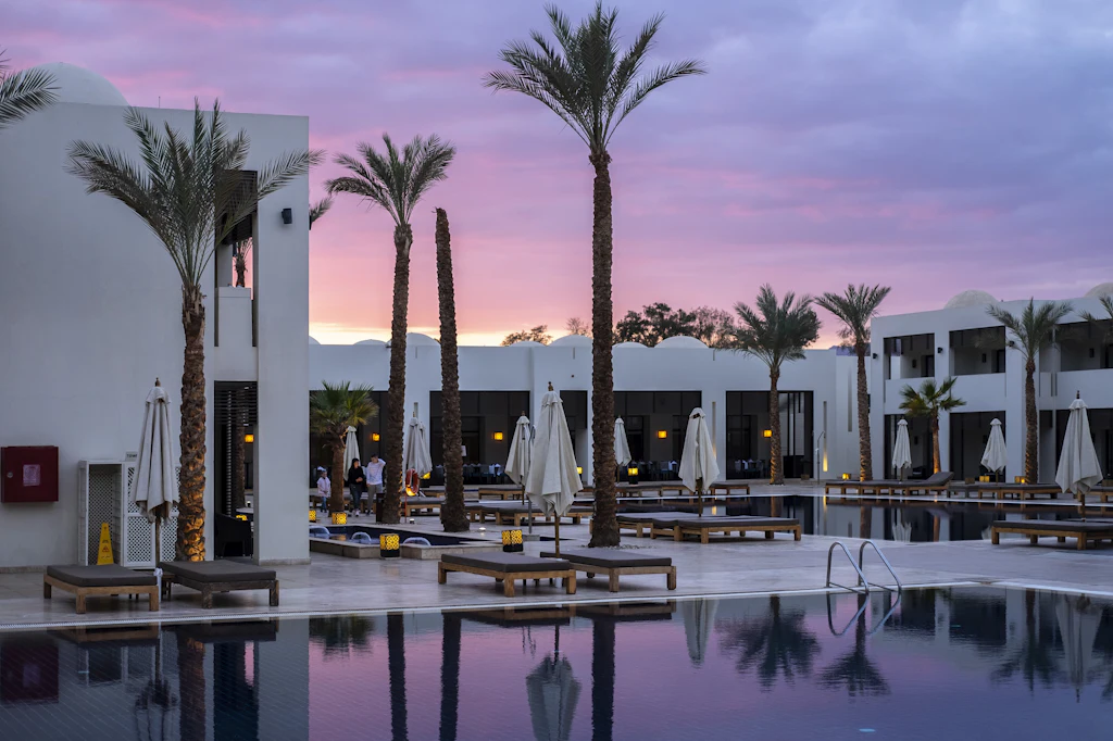 Hotel terrace and palm trees under a pink evening sky